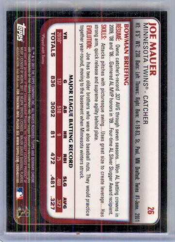 2011 Bowman Chrome Joe Mauer Refractor #26  Minnesota Twins - Picture 2 of 2