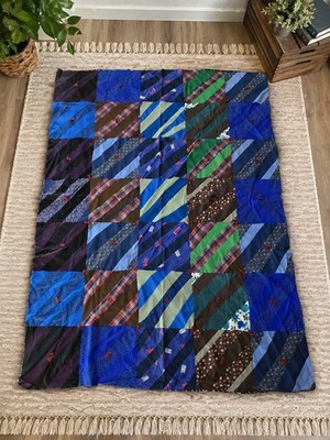 Vintage Blue Patchwork Quilt Handmade Plaid Throw Lap Blanket Cottage 72x49