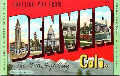 Postcard CO Multiple Scenes Large Letter Greetings from Denver Mile High City A9