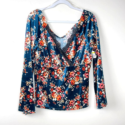 ProBlue Blue Long Sleeve Floral Velour Blouse with Lace Trim NWT Size Medium