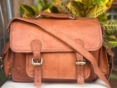 13'' Leather Unisex Vintage Brown Cross Body 2 Camera Holder Bag Photographers