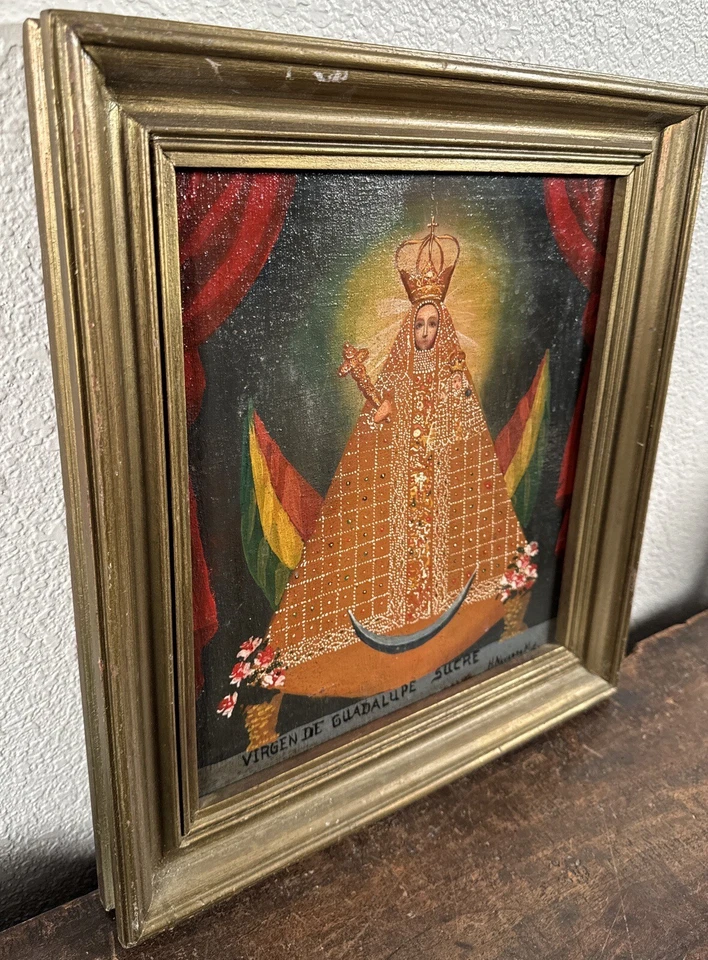 Spanish Colonial Peruvian Oil Painting Virgin Mary Christ Child Retablo Folk Art - Image 4 of 4