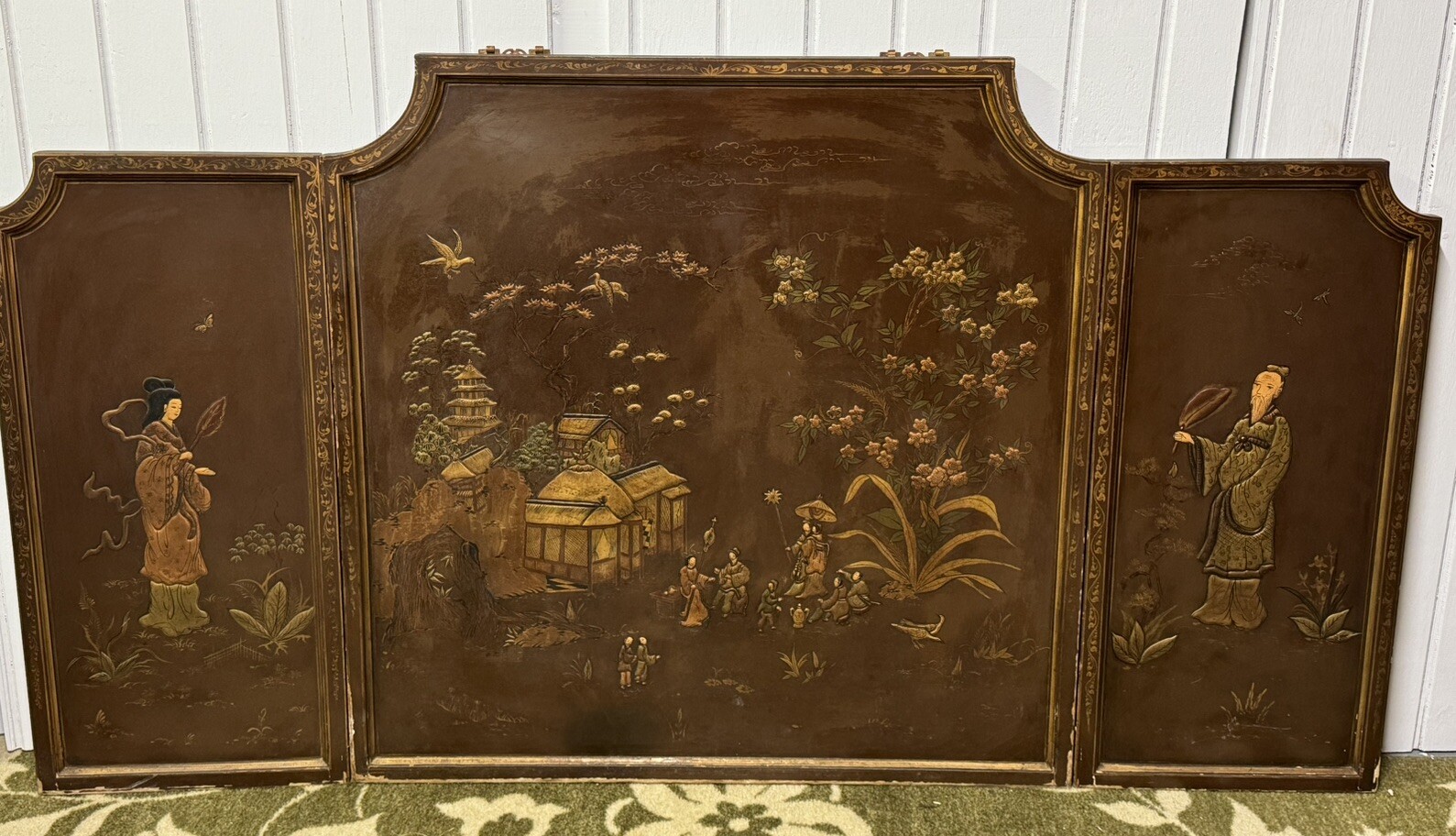 Vintage Chinese 3 Panel Screen Wall Art Inlaid Deities Village Scene Gold Accent