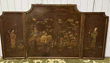 Vintage Chinese 3 Panel Screen Wall Art Inlaid Deities Village Scene Gold Accent