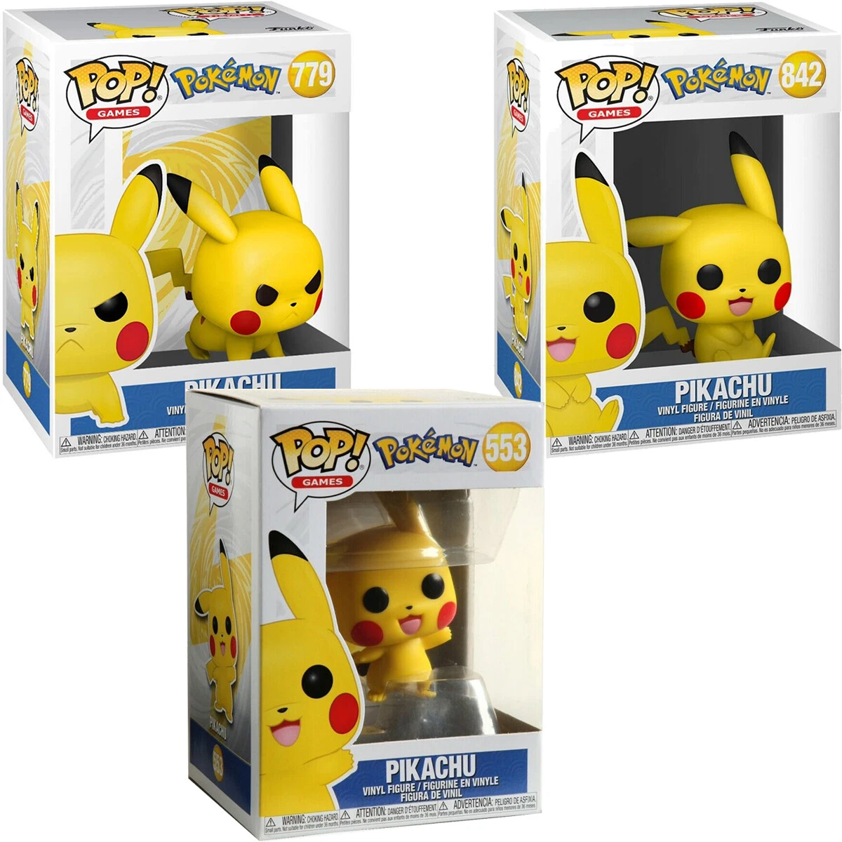 Funko Pop Pokemon Pikachu Set of 3 #553 Waving #779 Attack Stance #842  Sitting