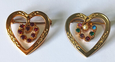 Pair of Matching Open Gold Heart Brooches w/ Dangling Rhinestone Inner Heart