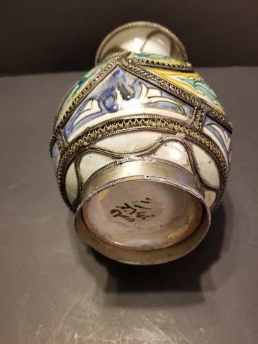 Old Moroccan Vase Majolica Silver Filigree Signed Vase Approx 11" YinYang Design - Picture 6 of 15