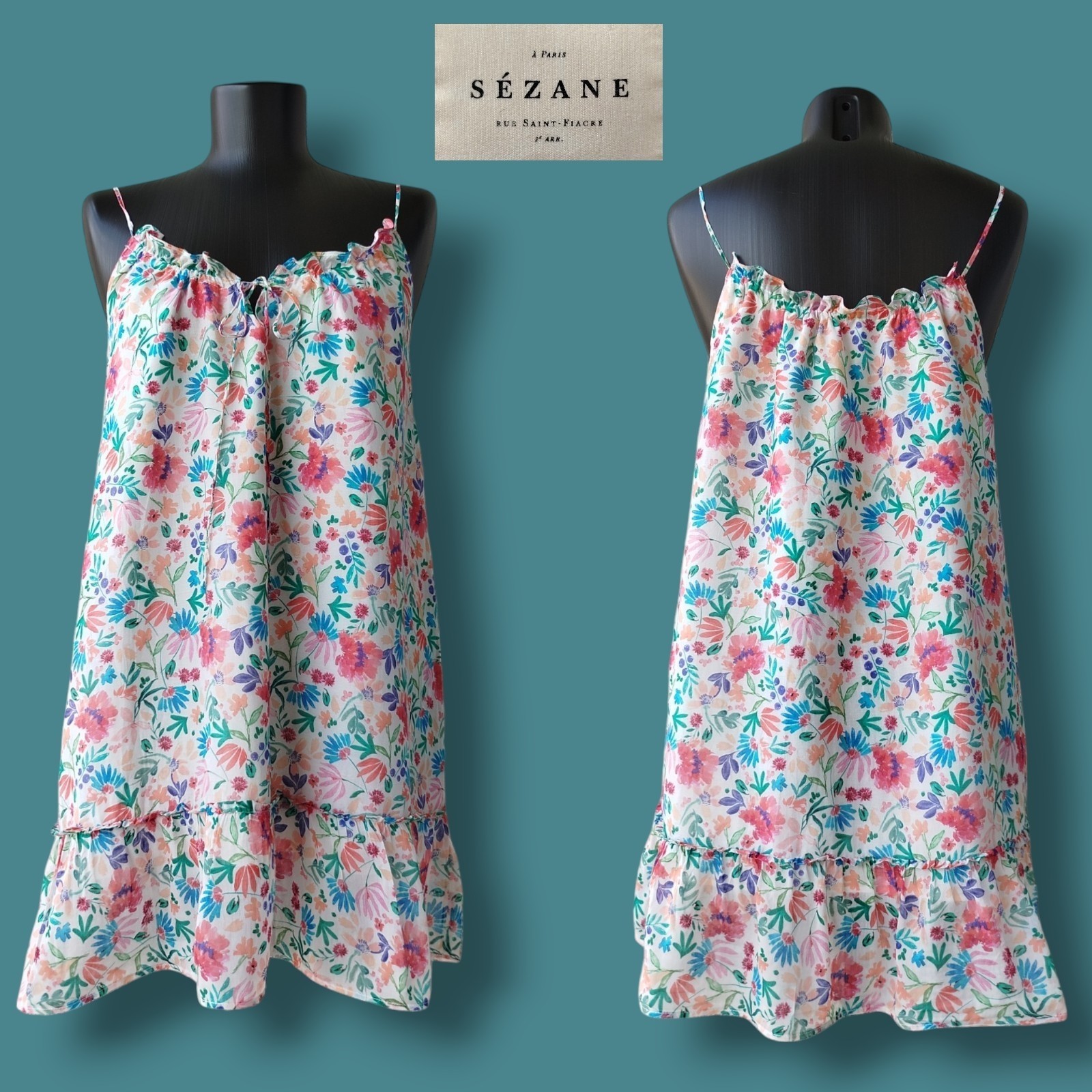 SEZANE Sido Dress Cami Mini Sleeveless Ruffle Floral Print Silk Blend Size 38/S