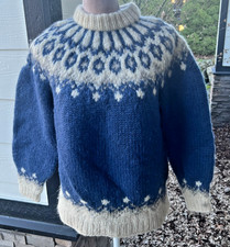 Vintage Hand Knit Wool Ski Fair Isle Sweater Chunky Warm Boho Winter Blue