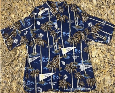 Reyn Spooner Tampa Bay Rays Shirt Mens XL Hawaiian All Over Baseball Blue Rayon