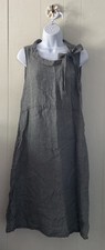 Flax Gray Sleeveless 100% Linen Dress Bow Tie Neck Lagenlook Size Small