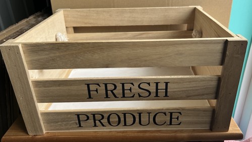 Decorative Wooden Box Crate Marked Fresh Produce Rope Handles L37 x W27 x H18cm