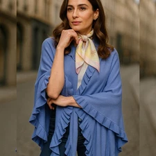 Tesoro by Design Periwinkle Blue Ruffle Knit Poncho Wrap Scarf Cashmere Blend