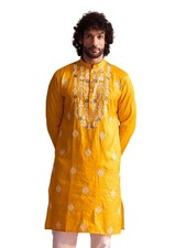 VASTRAMAY Men's Yellow Neck Embroidered Kurta in Moonga Silk Fabric VSHRMK242...