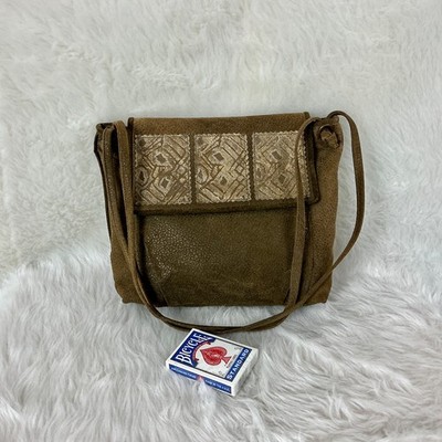 Vintage 80s Handmade Brown Suede Tribal Metallic Gold Paint Shoulder Bag