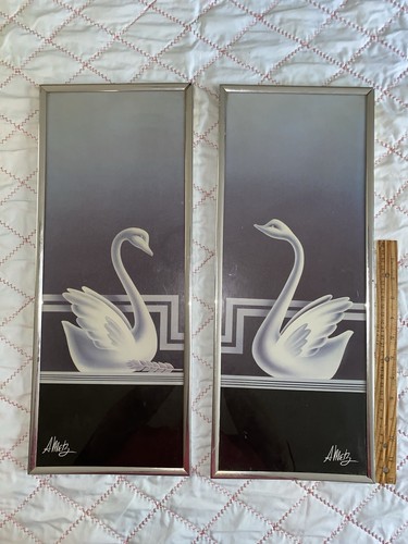 Vintage Swan Mirror Image Art Deco Pictures 80s Grandmacore Boho 8x20” A Metz