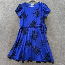 Vintage T & F Midi Dress Blue Palm Leaf Print Side Tie Short Sleeve USA Made