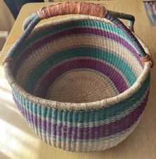 Large African Bolga Ghana Market Basket 16" round X 9.5 D Multicolor 