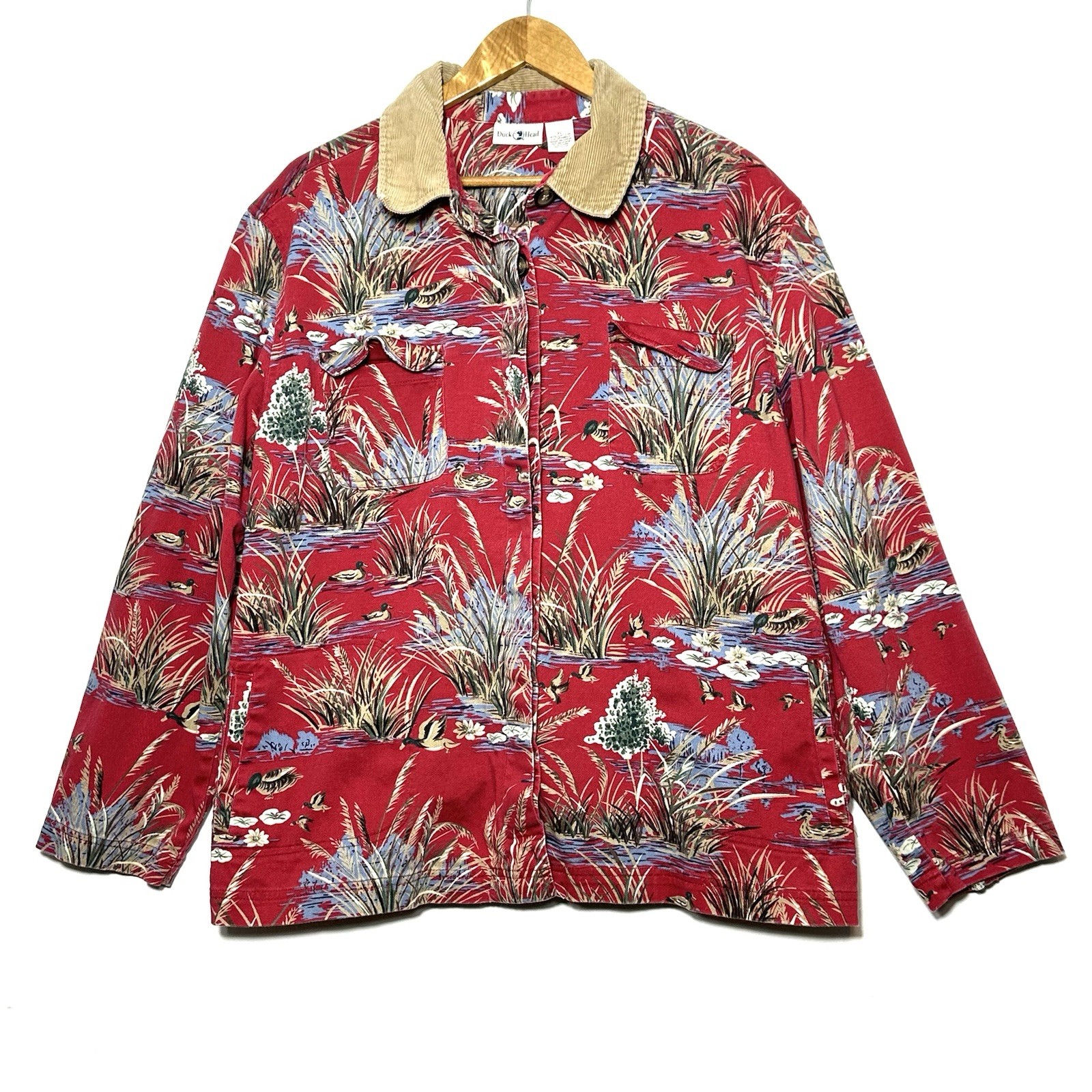 Duck Head Jacket Women’s XL Red Floral Boho Button Down Long Sleeve Pockets