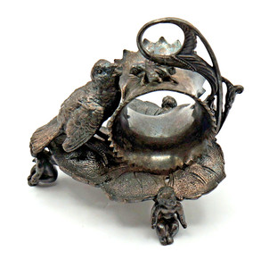 ANTIQUE SILVERPLATED CHERUB & BIRD LARGE NAPKIN RING