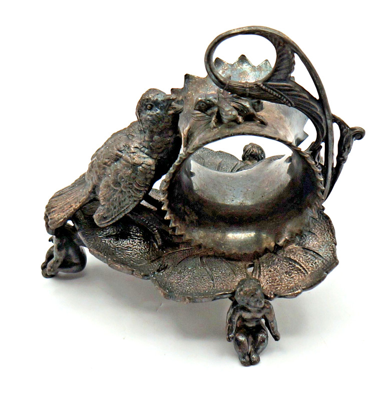 ANTIQUE SILVERPLATED CHERUB & BIRD LARGE NAPKIN RING