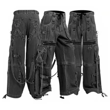 Unisex Grey X Strap Tripp Pants Raver Wide Leg Denim Cargo Pants Techwear Goth