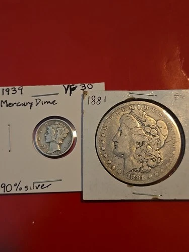 TWO SILVER COINS - 1880 Morgan Dollar In Very Good - 1939 MERCURY DIME Very Fine