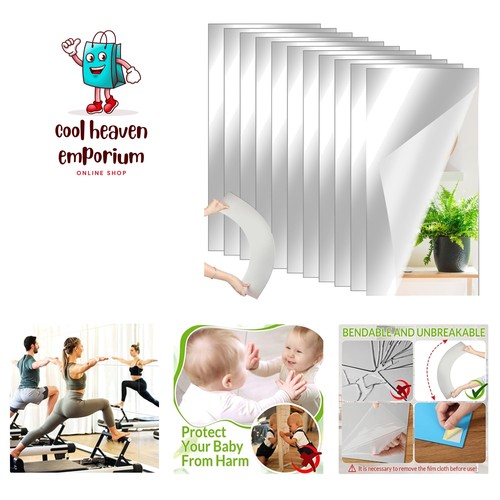 10 Pcs Home Gym Mirrors 12" x 24" Acrylic Wall Mirror Tiles 2mm Thick Self Ad...