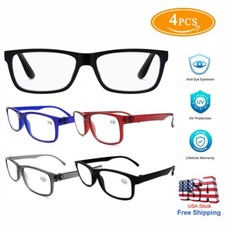 4 Pack Mens Rectangular Blue Light Blocking Reading Glasses Spring Hinge Readers