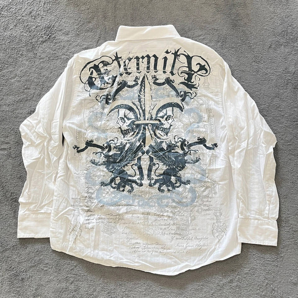 Vintage Eighty Eight White Button Up Gothic Print Long Sleeve Shirt Men's Size L - Image 2 of 4