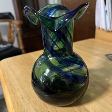 Murano Style Blown Green/blue Swirl Ruffle Top 5” Vase