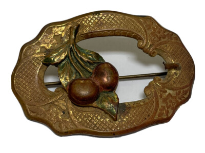 ART NOUVEAU BRASS ENAMEL GILT CHERRY FRUIT PIN BROOCH - PARTS/REPAIR