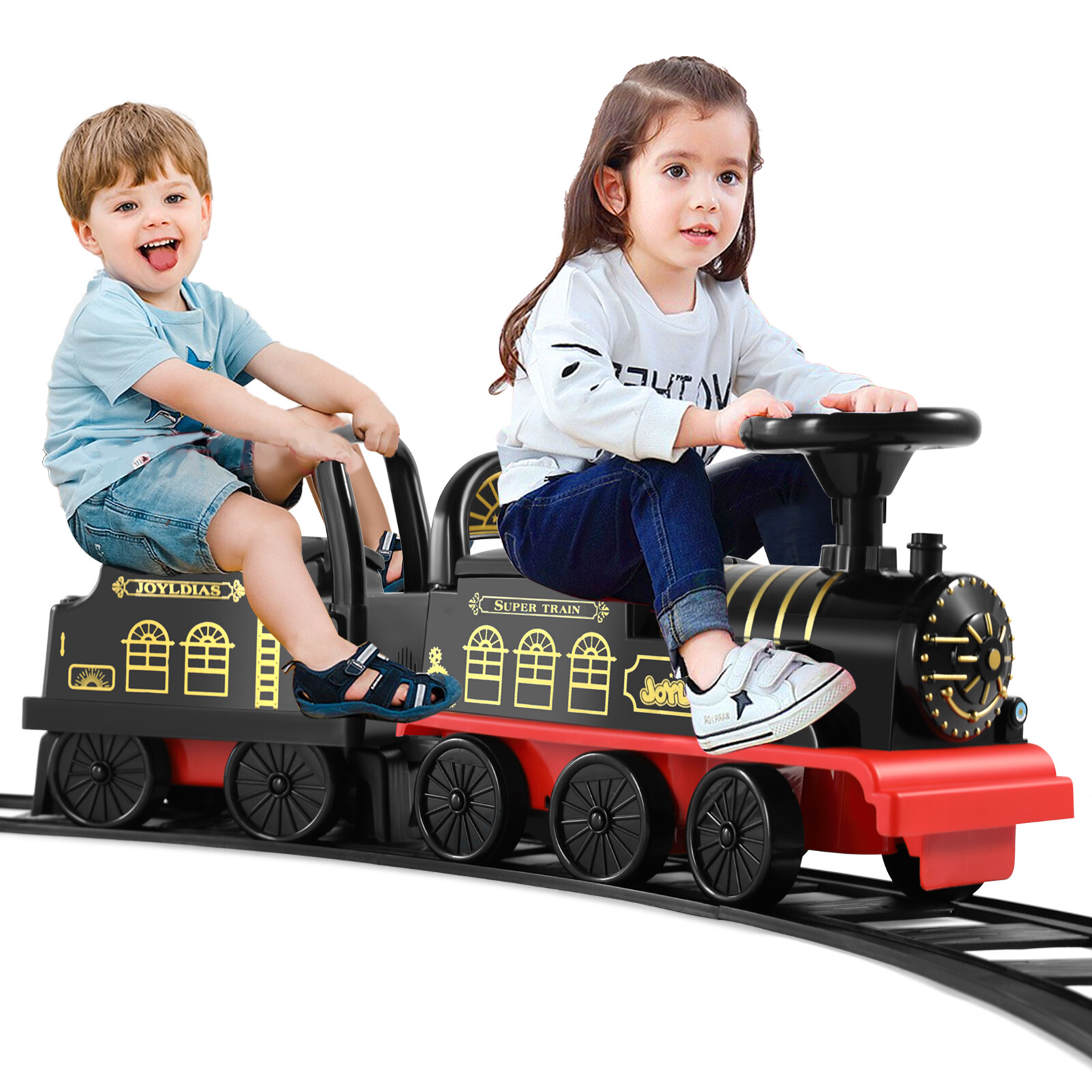 JOYLDIAS Black/Blue 6V Electric Ride On Train for 1-3years K
