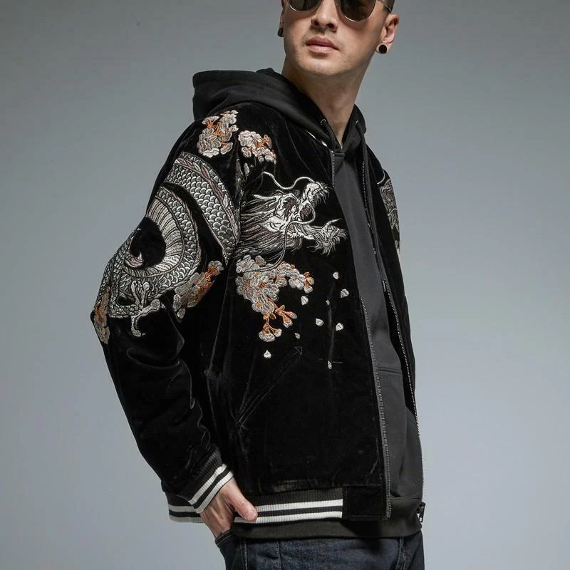 Mens Souvenir Bomber Jacket Japanese Pattern Embroidery Sukajan Velvet Dragon