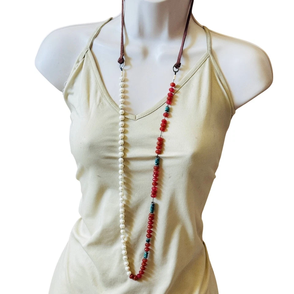 Collar De Colección Años 90 Cuentas Perla Agua Dulce Azul Turquesa Cornalina Esterlina .925 Foto 2 de 4