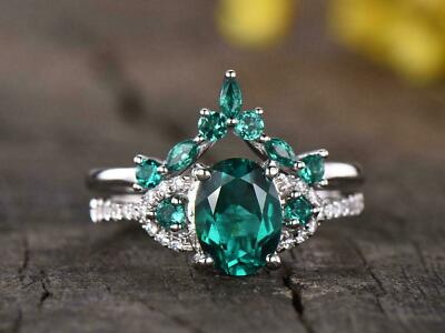3ct Simulated Green Emerald Curved Bridal Set Ring 14k White Gold Plated