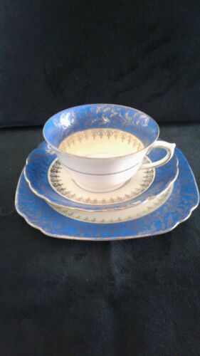 Vintage JLS Czechoslovakia Cup Saucer and Side Plate Trio Blue Yellow Gold  - Foto 1 di 4