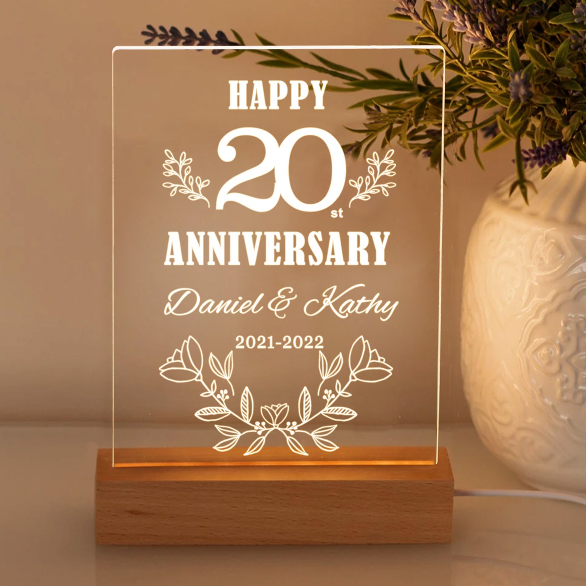 Personalised Acrylic Night Light LED Lamp Wedding Anniversary Gift