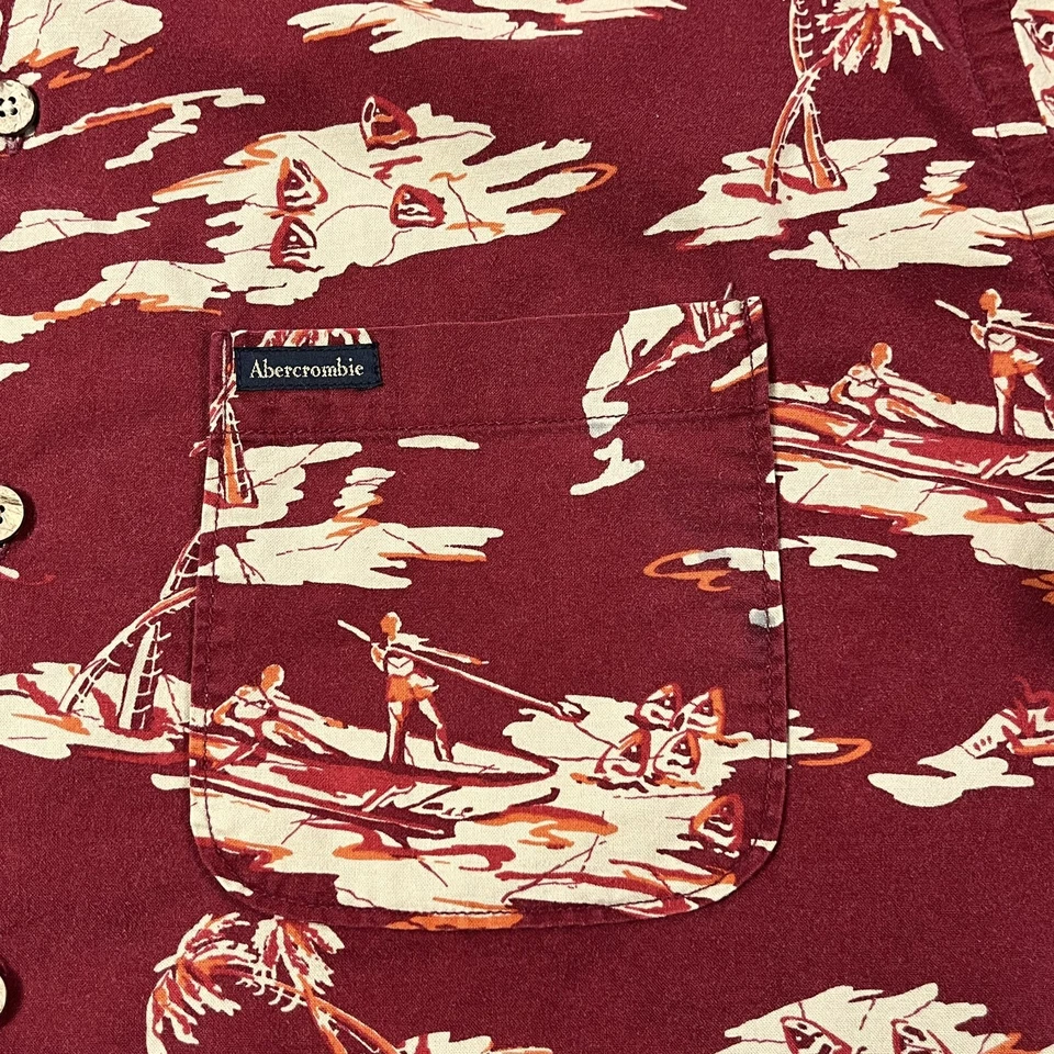 Vintage Abercrombie & Fitch Camp Shirt Men Large Red Tropical Hawaiian 90s FLAW - Image 2 of 4