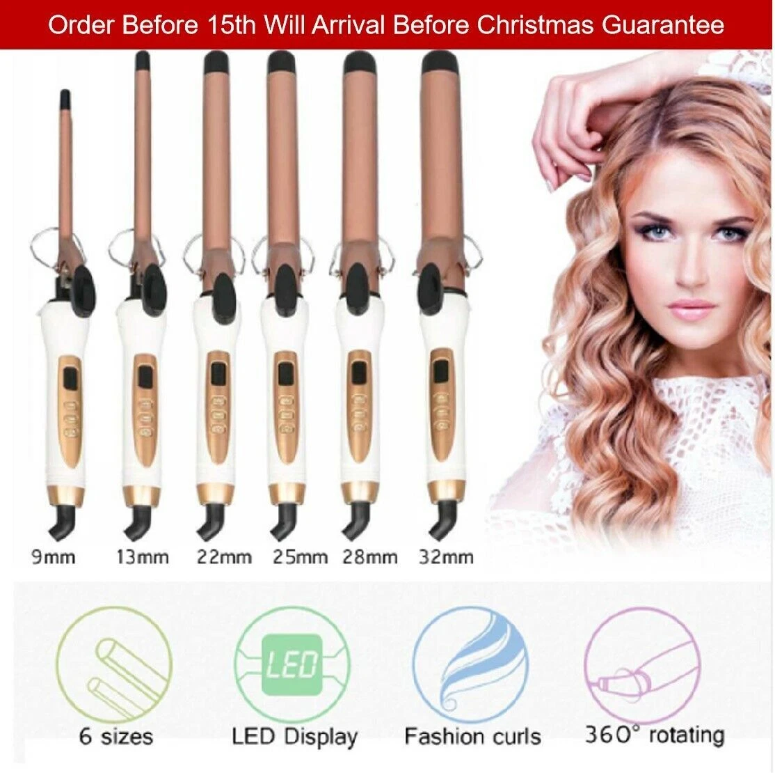 9 32MM Professional Ceramic Hair Curler LED Curling Wand Salon Tongs Styler