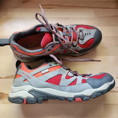 Merrell Waterproof Hiking Shoes Trail Size M 7 W 8.5 Gray & Red/Orange Lace Up