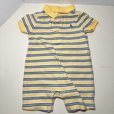 Vintage Ralph Lauren Baby Unisex Yellow Striped Polo Romper 6M 90s Retro Prep