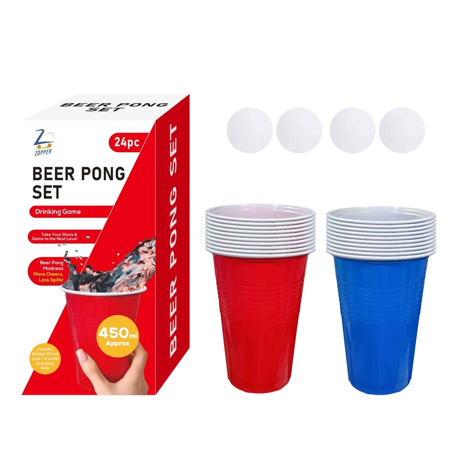 24pc Beer Pong Game Set 4 Balls, 10 Red & 10 Blue Cups Game For Stag & Hen Party