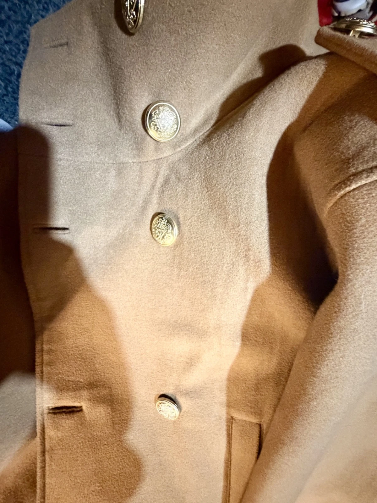 GUESS Marciano Camel Double Breasted Coat Men L Gold Crest Buttons Long Wool-Loo image 3