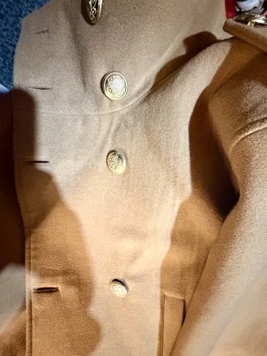GUESS Marciano Camel Double Breasted Coat Men L Gold Crest Buttons Long Wool-Loo image 3