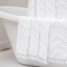 Boho Shower Curtain 72x72, White Fabric, Tufted Chevron, Modern Minimalist