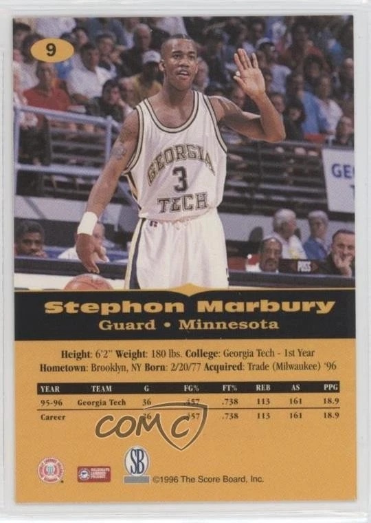 1996 Score Board All Sport PPF Stephon Marbury #9 Rookie RC - Image 2 of 3