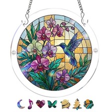 Classic Hummingbird Orchid Flower Round Acrylic Puzzle Suncatcher Wall Hanging