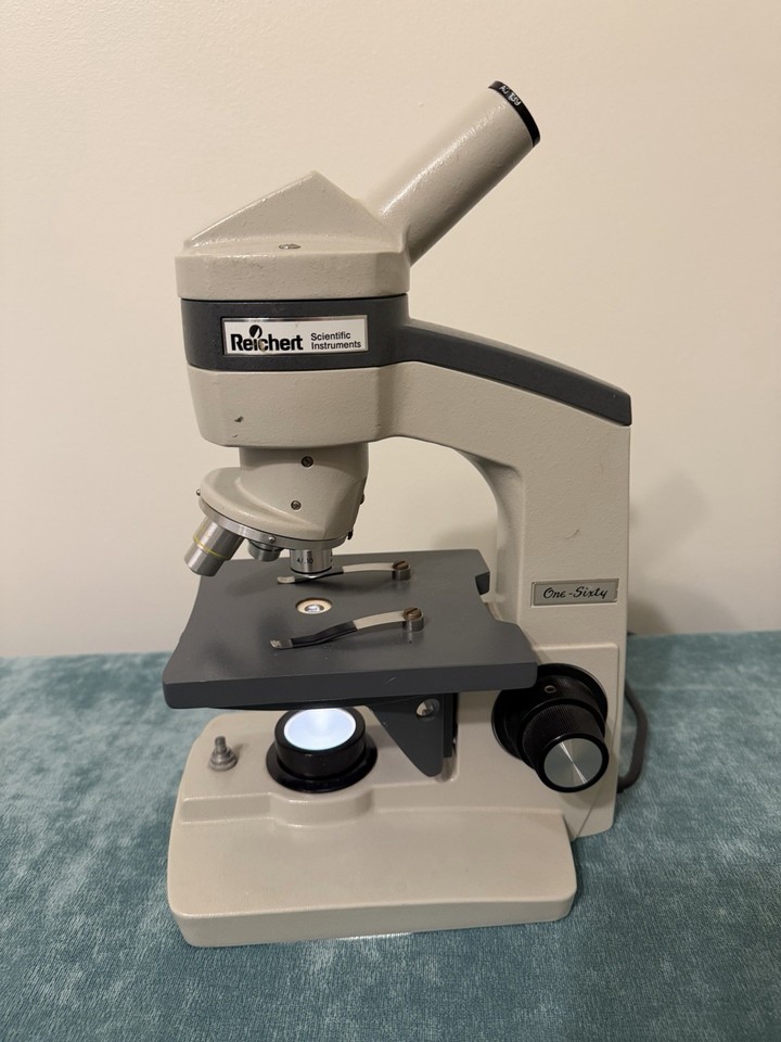 A fully functional vintage Reichert microscope with multiple objectives — actual usable science hardware with serious old-school cool factor.