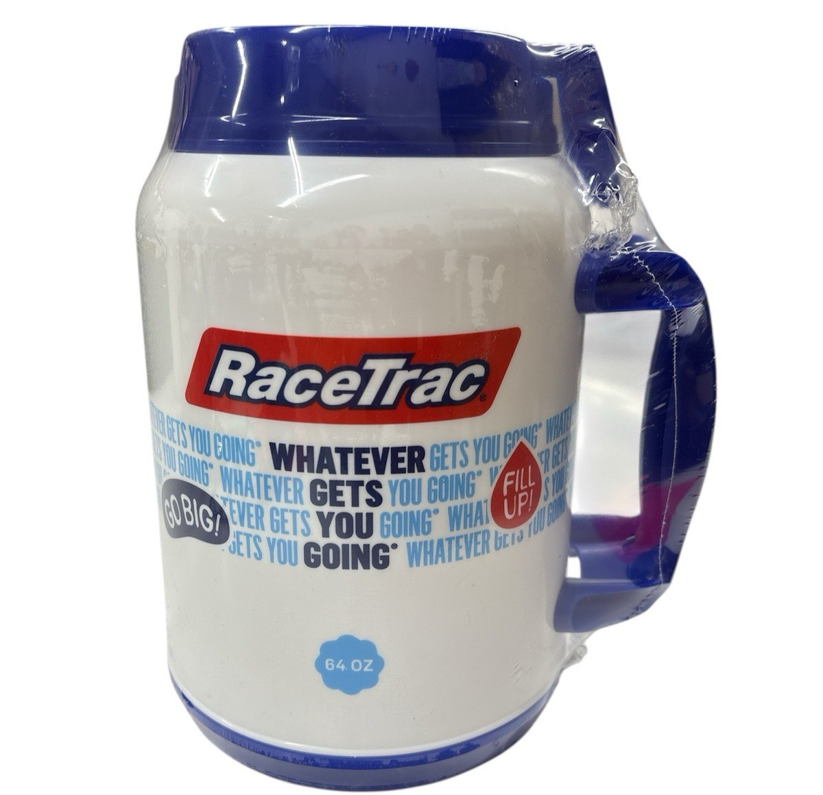 RaceTrac Whirley 64 oz Cold Insulated Jumbo Travel Mug w/Straw White & Blue